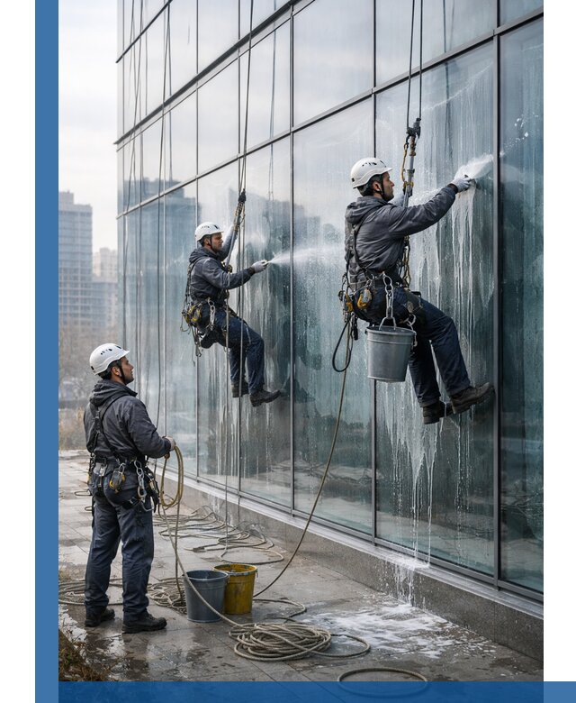 Промышленная мойка панорамных окон на высоте в Волгограде