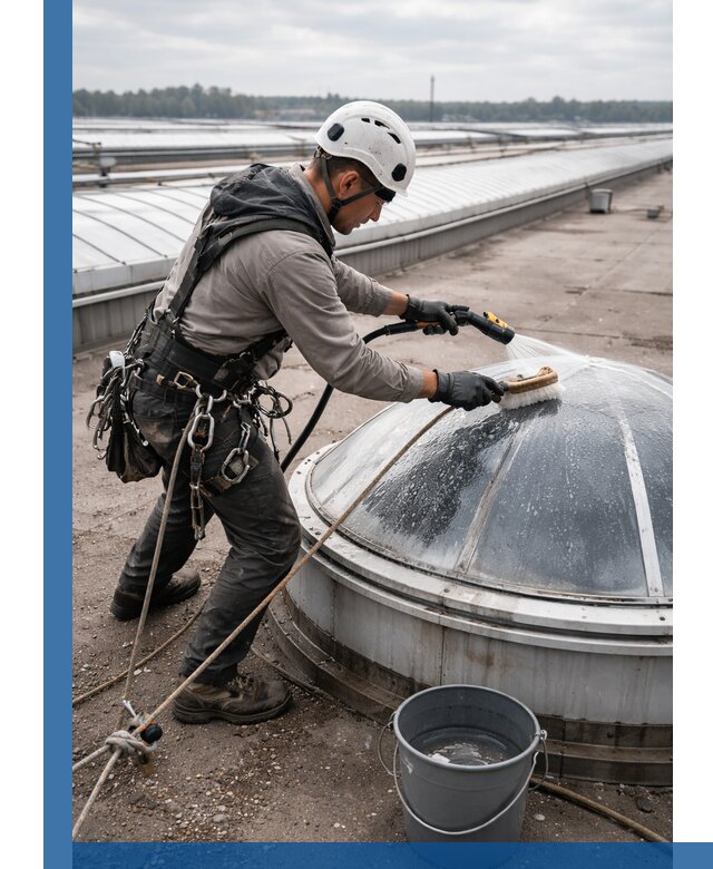 Мойка зенитных фонарей на кровле для промышленных объектов в Волгограде