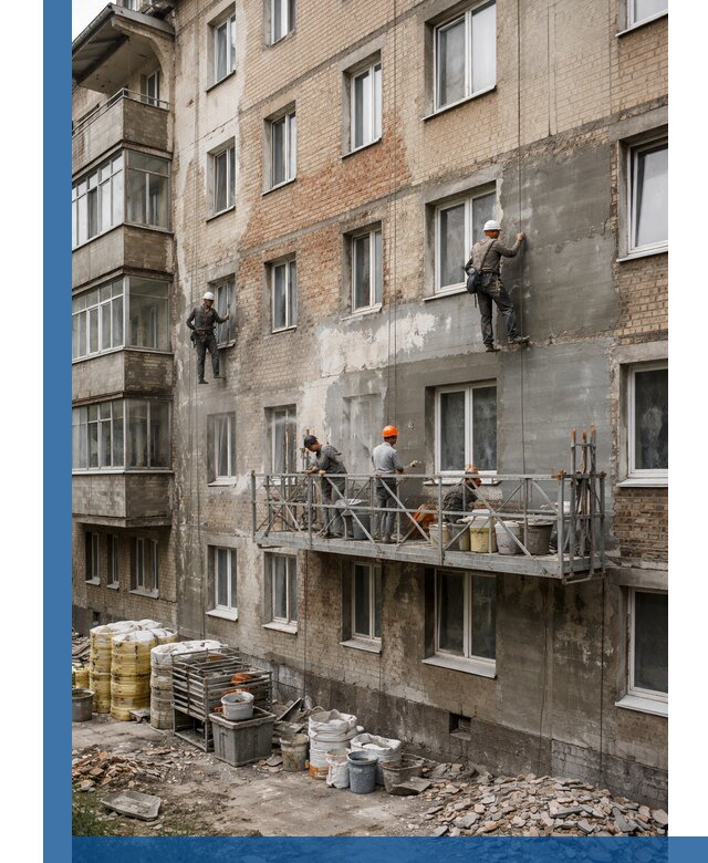 Капитальный ремонт фасада в Волгограде с восстановлением и гидроизоляцией