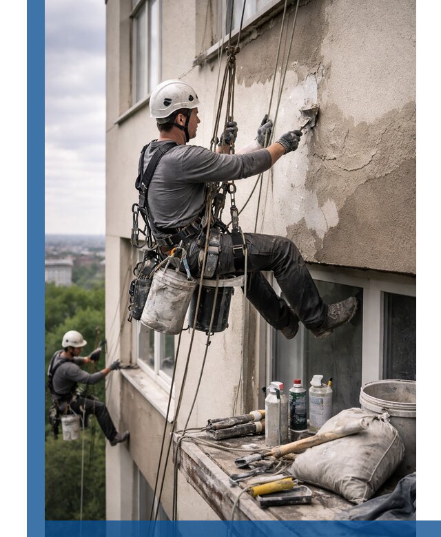 Косметический ремонт фасада зданий в Волгограде промышленными альпинистами