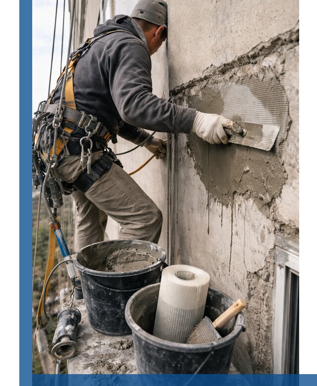 Ремонт бетонных элементов фасада промышленными альпинистами в Волгограде