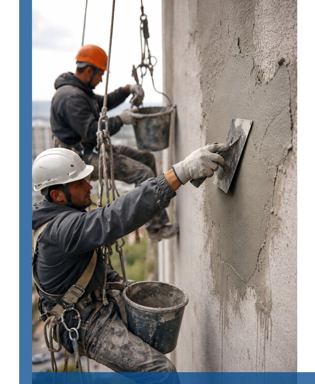 Штукатурка фасада на высоте в Волгограде профессиональные работы