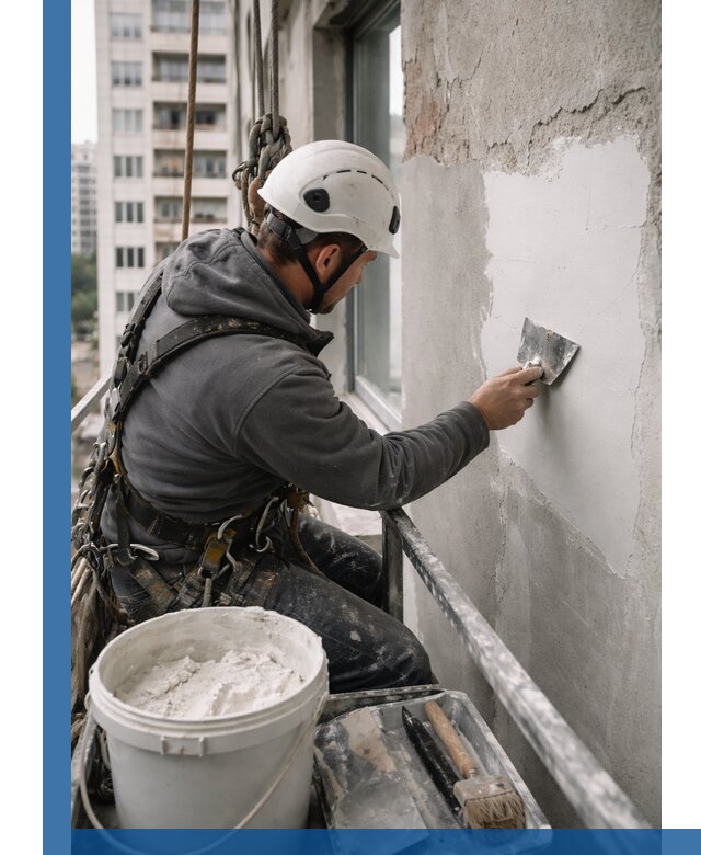 Шпаклевка фасадов на высоте с промальпинистами в Волгограде