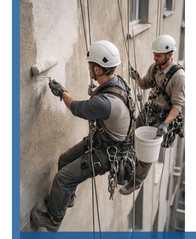 Грунтовка фасада на высоте в Волгограде промышленными альпинистами