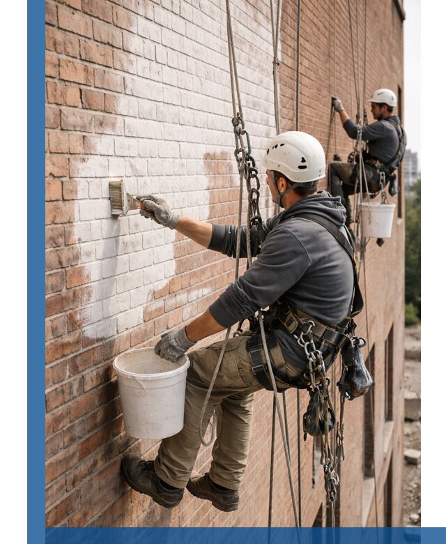 Покраска кирпичного фасада с доступным альпинистским сервисом в Волгограде