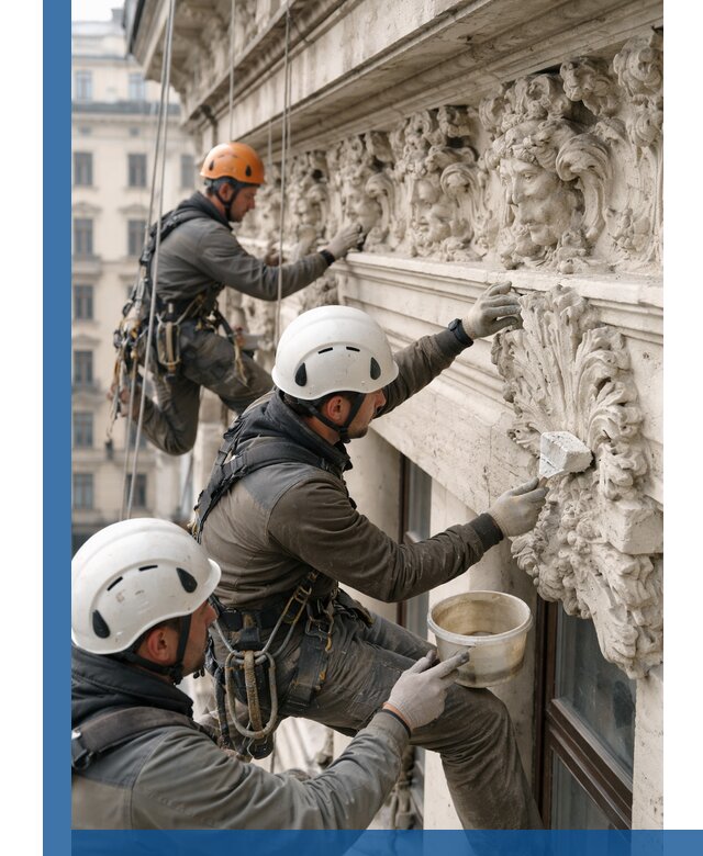 Реставрация фасадной лепнины с высотными работами в Волгограде