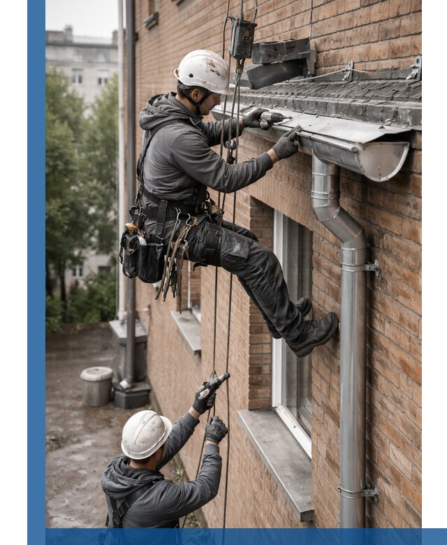 Монтаж водосточной системы на здании в Волгограде под ключ