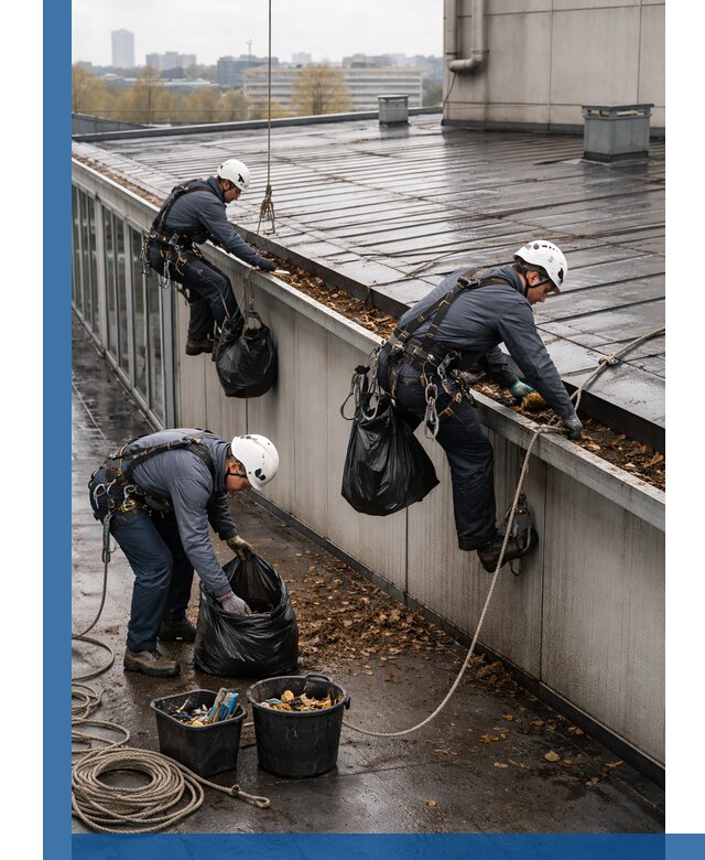 Очистка кровли по периметру в Волгограде силами промышленных альпинистов