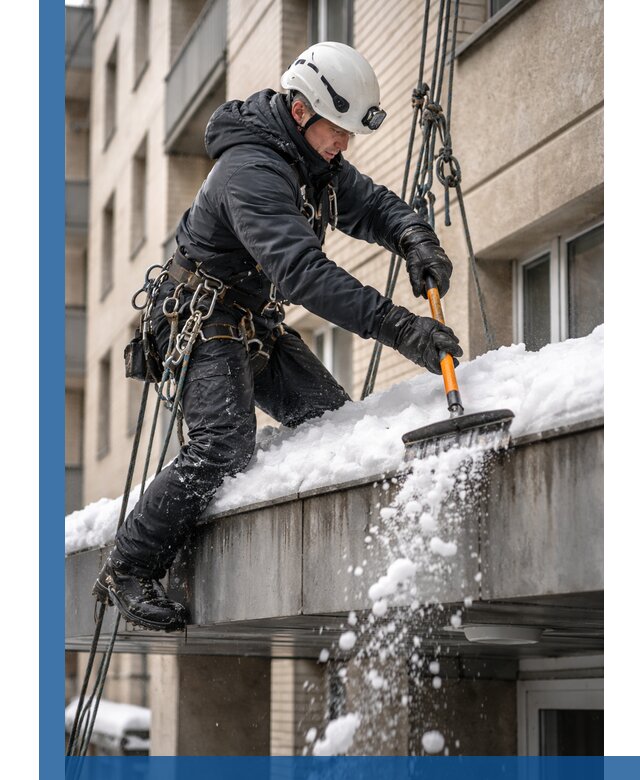 Очистка козырьков от снега в Волгограде круглогодично безопасно