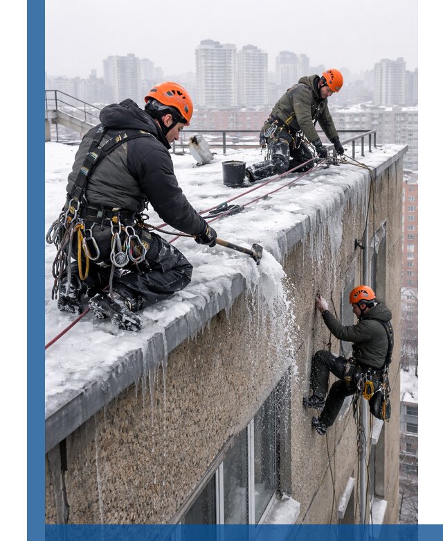 Удаление наледи с кровли в Волгограде промышленными альпинистами