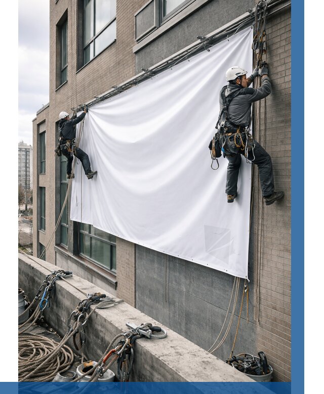 Монтаж баннеров на фасаде в Волгограде от 675 р. заказать ВЫСОТНИК-Влг