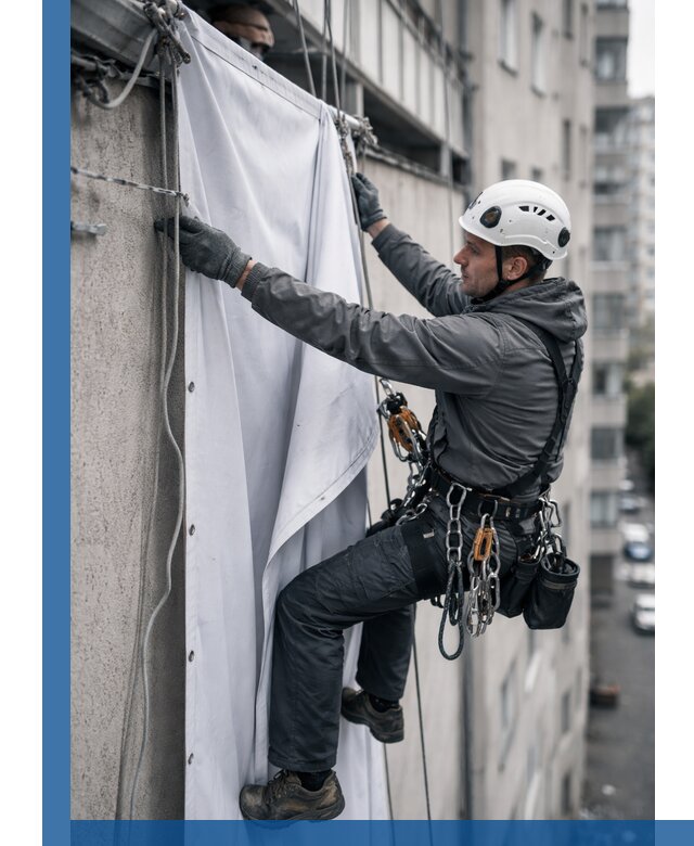 Замена баннерного полотна промышленными альпинистами в Волгограде