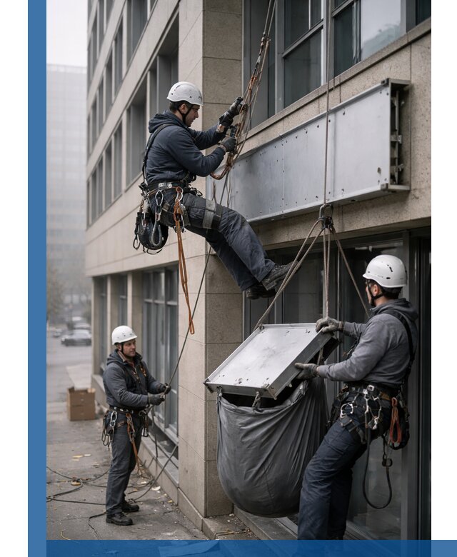 Демонтаж рекламной вывески с высотными работами в Волгограде