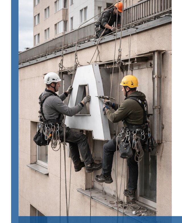 Ремонт и восстановление наружных вывесок на высоте в Волгограде