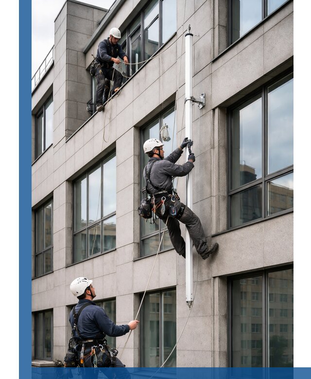 Монтаж флагштока на фасаде здания с креплением и герметикой в Волгограде