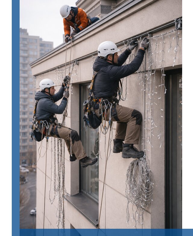 Монтаж праздничных гирлянд на фасаде в Волгограде для зданий