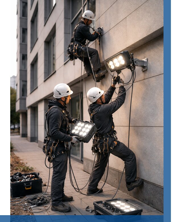 Монтаж прожекторов на фасаде в Волгограде от 7793 р. | ВЫСОТНИК-Влг