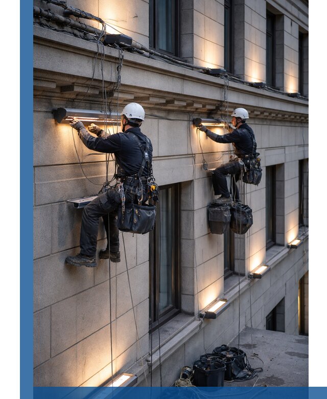 Монтаж архитектурной подсветки фасадов зданий в Волгограде