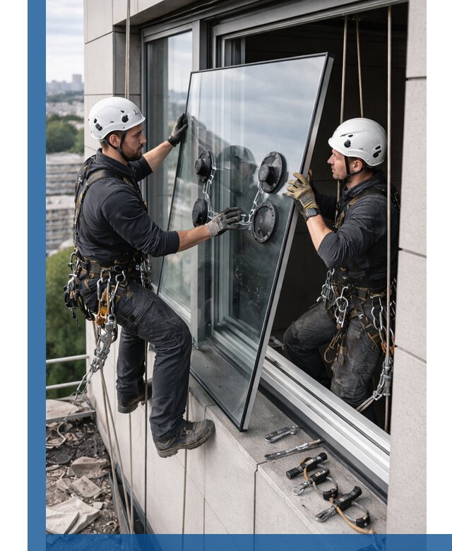 Замена стеклопакетов на высоте с промышленными альпинистами в Волгограде