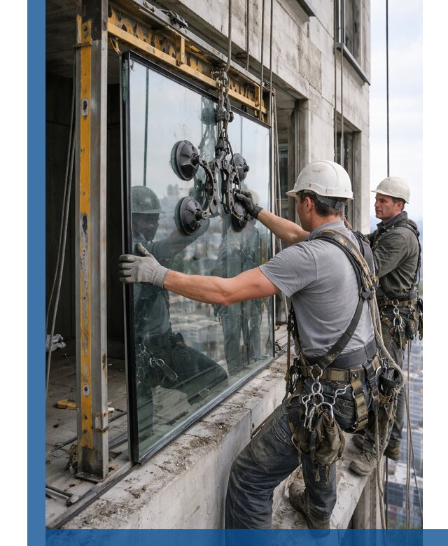 Монтаж стеклопакетов на высоте в Волгограде с промышленным альпинизмом