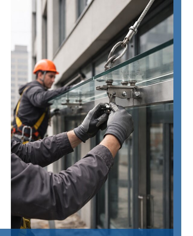 Монтаж стеклянных козырьков в Волгограде от 8832 р. | ВЫСОТНИК-Влг