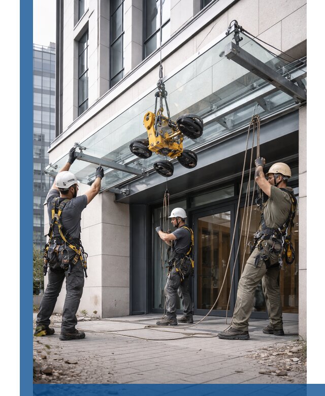 Монтаж стеклянных козырьков под ключ в Волгограде для зданий