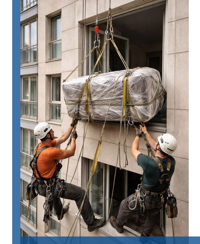 Подъем грузов через окно в Волгограде промышленными альпинистами