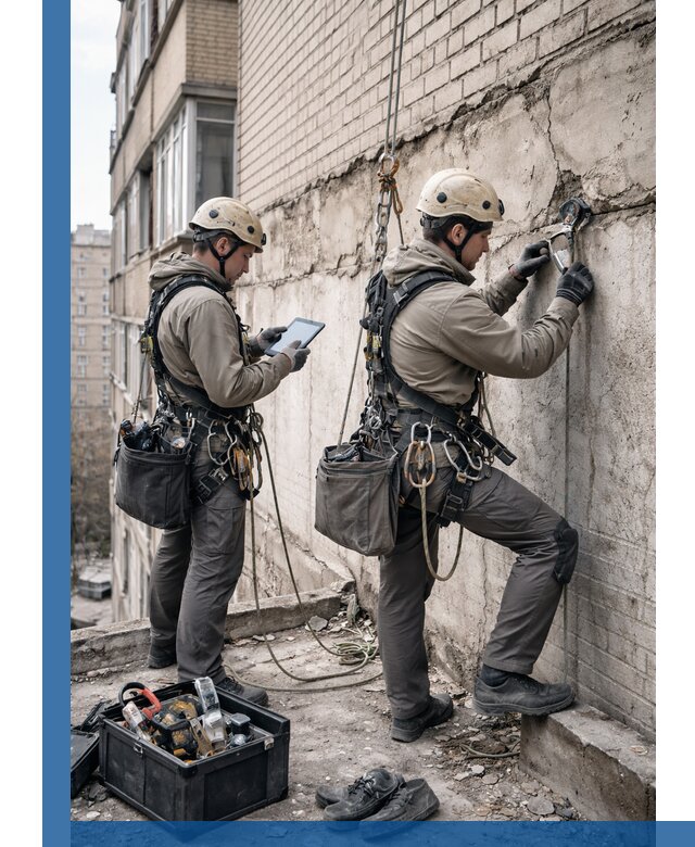 Обследование фасада промышленными альпинистами в Волгограде